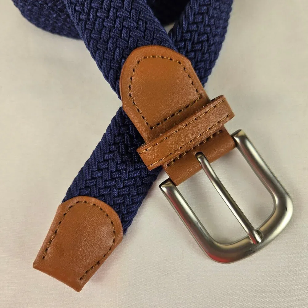 Mugsy Navy Blue Woven Belt Brown Tabs Brushed Silver Hardware One Size Fits Most